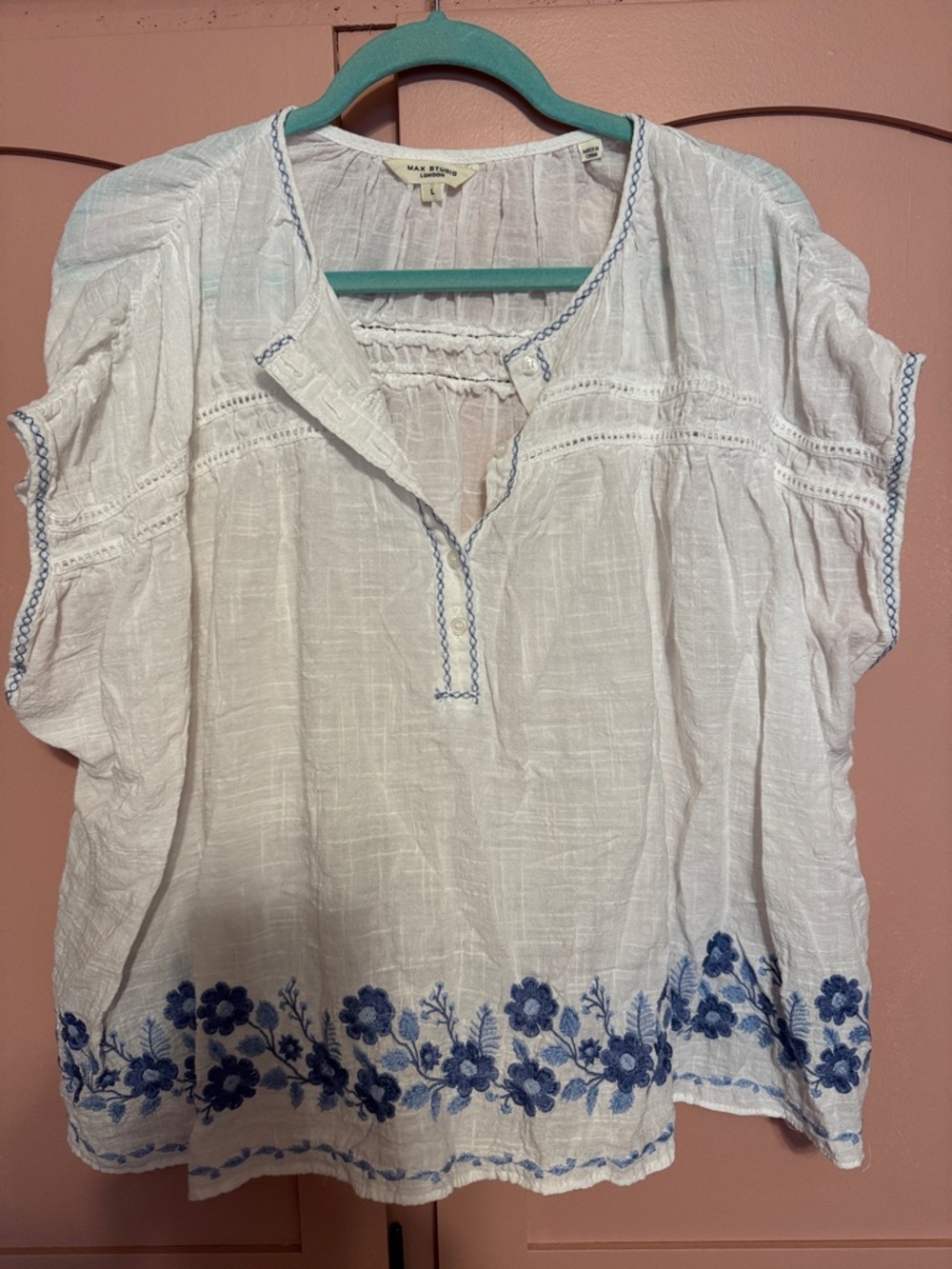Max Studio White Peasant Tunic with Blue Floral Embroidery. Very flowy cut.